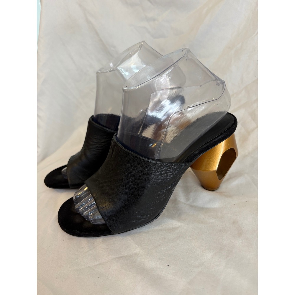 Mango Womens Black Leather Mules Gold Geometric Sculptural Heel Size 37 US 6.5